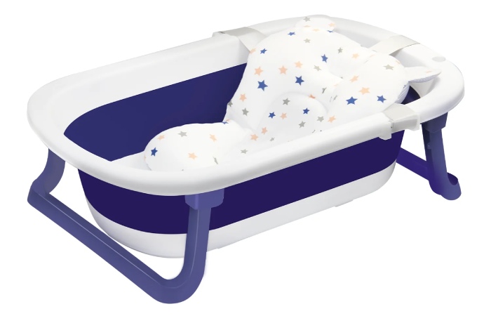 Ubravoo Newborn Baby Bath Tub with Drain Hole, Foldable Toddler Bathtub with Soft Cushion Pad, Portable Travel Bathtub Built-in Anti-Slip Support for Newborn 0-36 Month, Blue