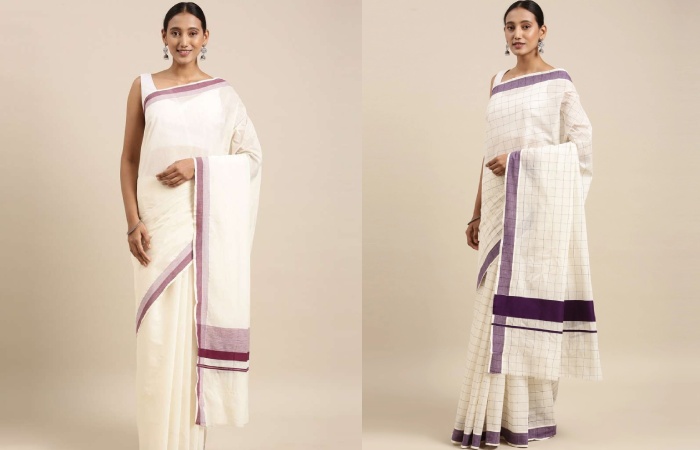 Kasavu Saree With Off-White Sleeveless Blouse