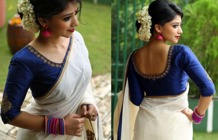 Kerala Saree With A Blue Boat Neck Blouse