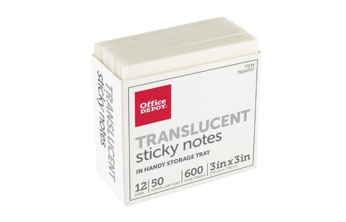 Office Depot Brand Translucent Sticky Notes, With Storage Tray, 3_ x 3_, Clear, 50 Notes Per Pad, Pack Of 12 Pads