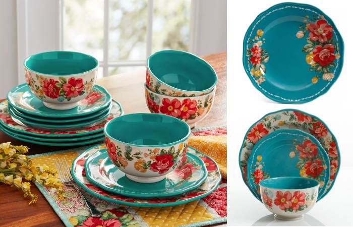 Vintage Floral 12-Piece Dinnerware Set, Teal